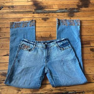 Apollo Jeans Vintage Y2K Embroidered Studded Flare Jeans Blue Denim Size 12